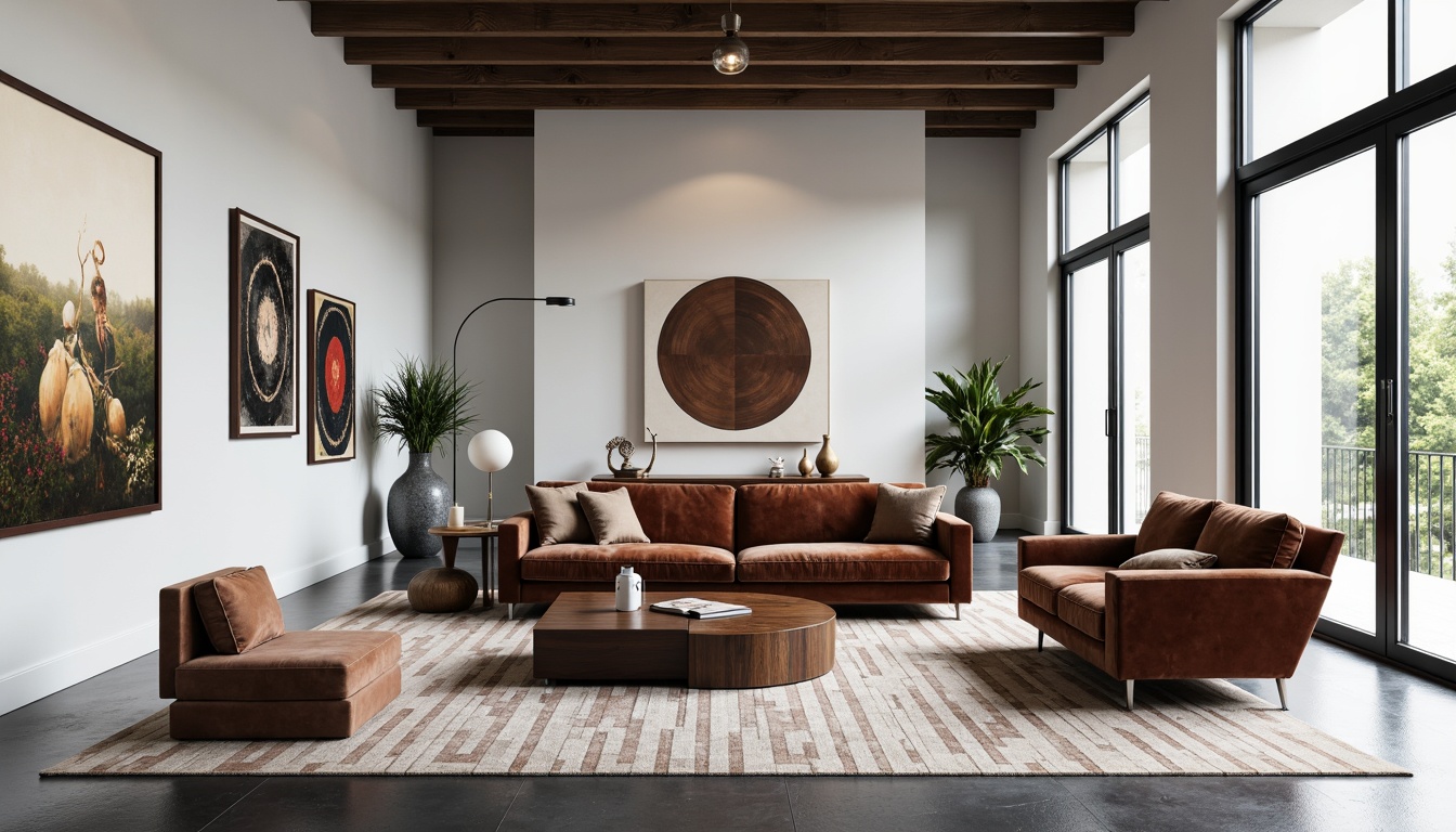 Prompt: Sleek low-profile sofa, curved walnut wood coffee table, minimalist metal floor lamp, rich velvet upholstery, geometric patterned rug, polished chrome accents, airy open space, floor-to-ceiling windows, neutral color palette, soft indirect lighting, 1/1 composition, realistic textures, ambient occlusion, modern art pieces, abstract sculptures, industrial-chic decor, luxurious fabrics, subtle branding elements.