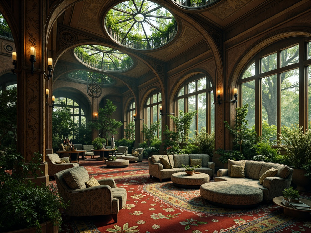 Prompt: Intricate curvilinear forms, organic shapes, sinuous lines, flowing tendrils, botanical motifs, ornate decorations, luxurious materials, rich jewel tones, subtle gradations, soft warm lighting, intimate atmosphere, vintage elegance, sophisticated refinement, whimsical flourishes, delicate patterns, Art Nouveau inspirations.