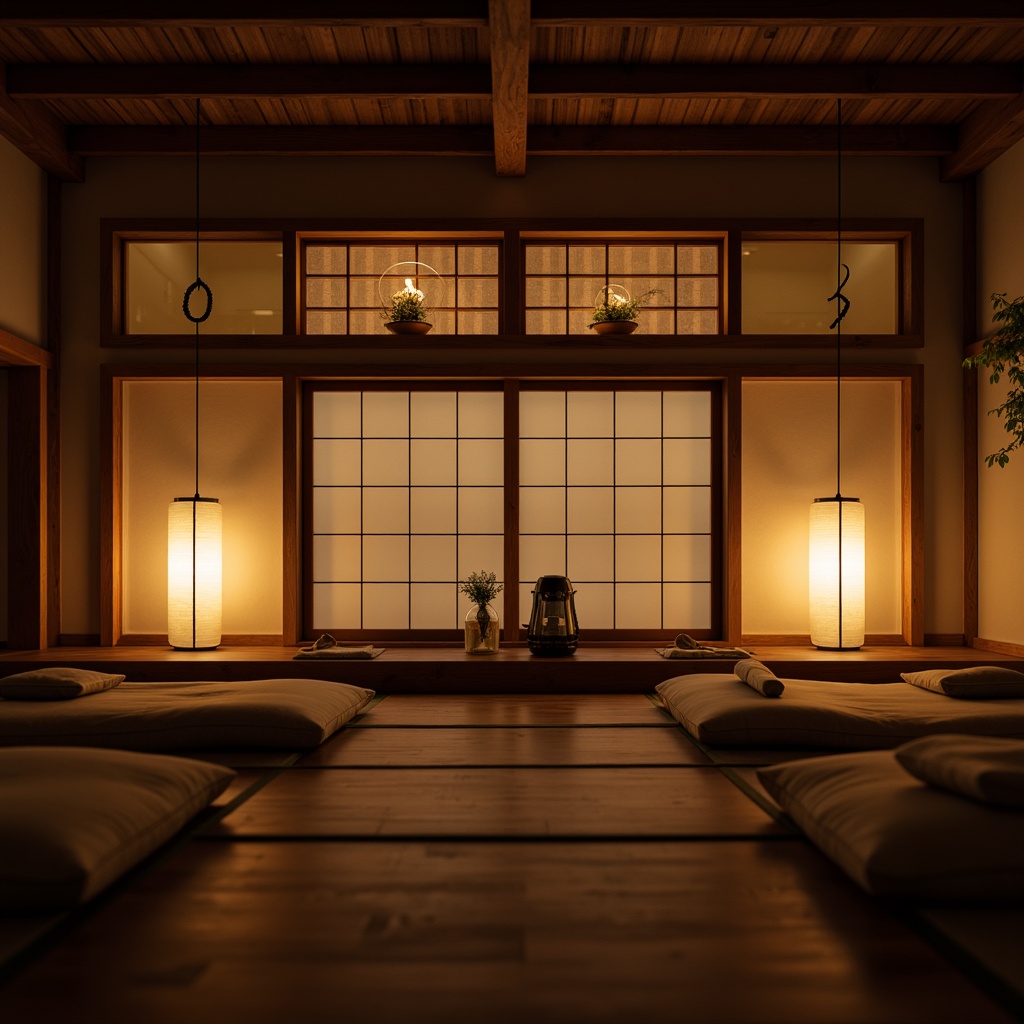 Prompt: Traditional Japanese shoji screens, warm softbox lighting, paper lanterns, natural fiber textiles, subtle wood tones, minimalist decor, sliding doors, tatami mats, low-seating areas, gentle candlelight, ambient warm glow, shallow depth of field, 1/1 composition, realistic textures, soft focus, serene atmosphere.