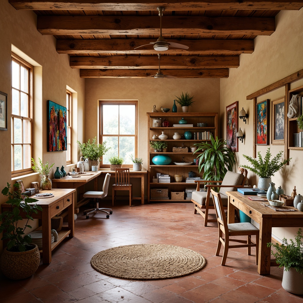 Prompt: Southwestern craft room, earthy terracotta floors, woven jute rug, natural wood furniture, handmade pottery, colorful textiles, vibrant turquoise accents, rustic wooden shelves, creative workstation, ergonomic chair, good task lighting, plenty of storage, decorative vintage items, warm beige walls, large windows, soft diffused light, 1/1 composition, intimate atmosphere, realistic textures, ambient occlusion.