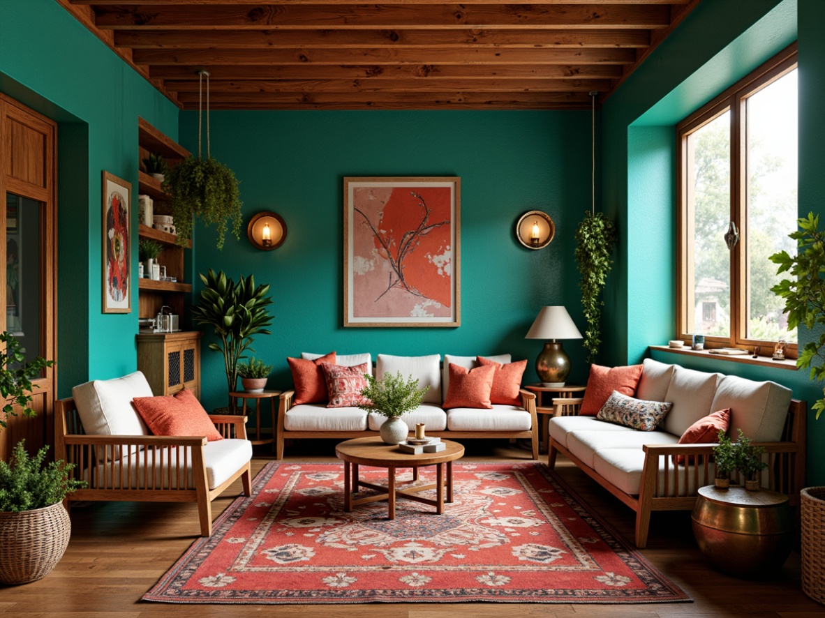 Prompt: Vibrant bohemian interior, rich turquoise walls, distressed wood accents, eclectic furniture mix, vintage rug patterns, bold coral hues, earthy terracotta tones, metallic gold decor, lush greenery, natural textiles, global-inspired accessories, abstract artwork, warm candle lighting, shallow depth of field, 1/1 composition, panoramic view, realistic textures, ambient occlusion.