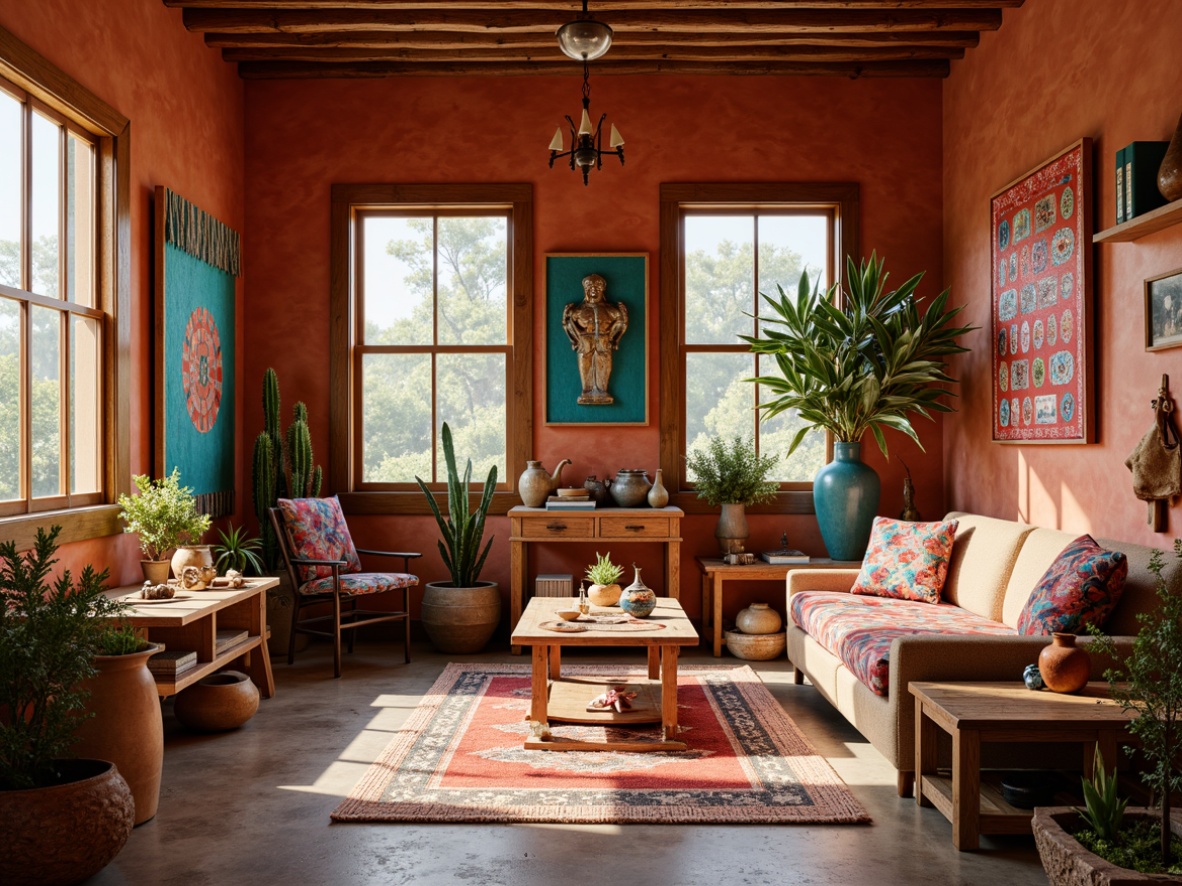 Prompt: Vibrant craft room, southwestern decor, earthy tones, terracotta walls, turquoise accents, woven textiles, natural fibers, rustic wooden furniture, vintage decorative items, colorful pottery, geometric patterns, warm ambient lighting, soft shadows, cozy atmosphere, 1/1 composition, realistic textures, subtle color grading.