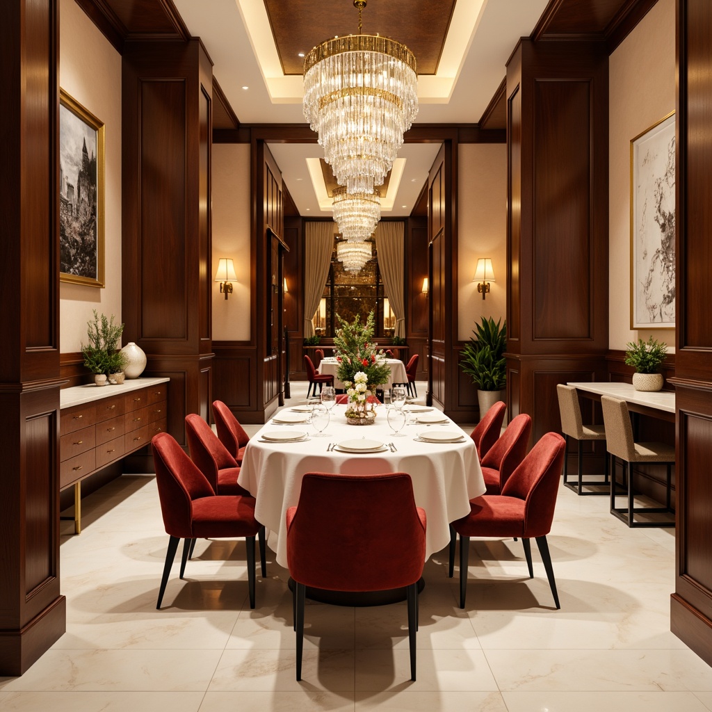 Prompt: Elegant dining room, rich wood tones, luxurious velvet fabrics, metallic gold accents, creamy white marble, warm beige walls, soft peach undertones, dramatic crystal chandelier, refined contemporary furniture, sophisticated ambiance, intimate seating arrangement, ambient warm lighting, shallow depth of field, 1/2 composition, realistic textures, subtle reflections.