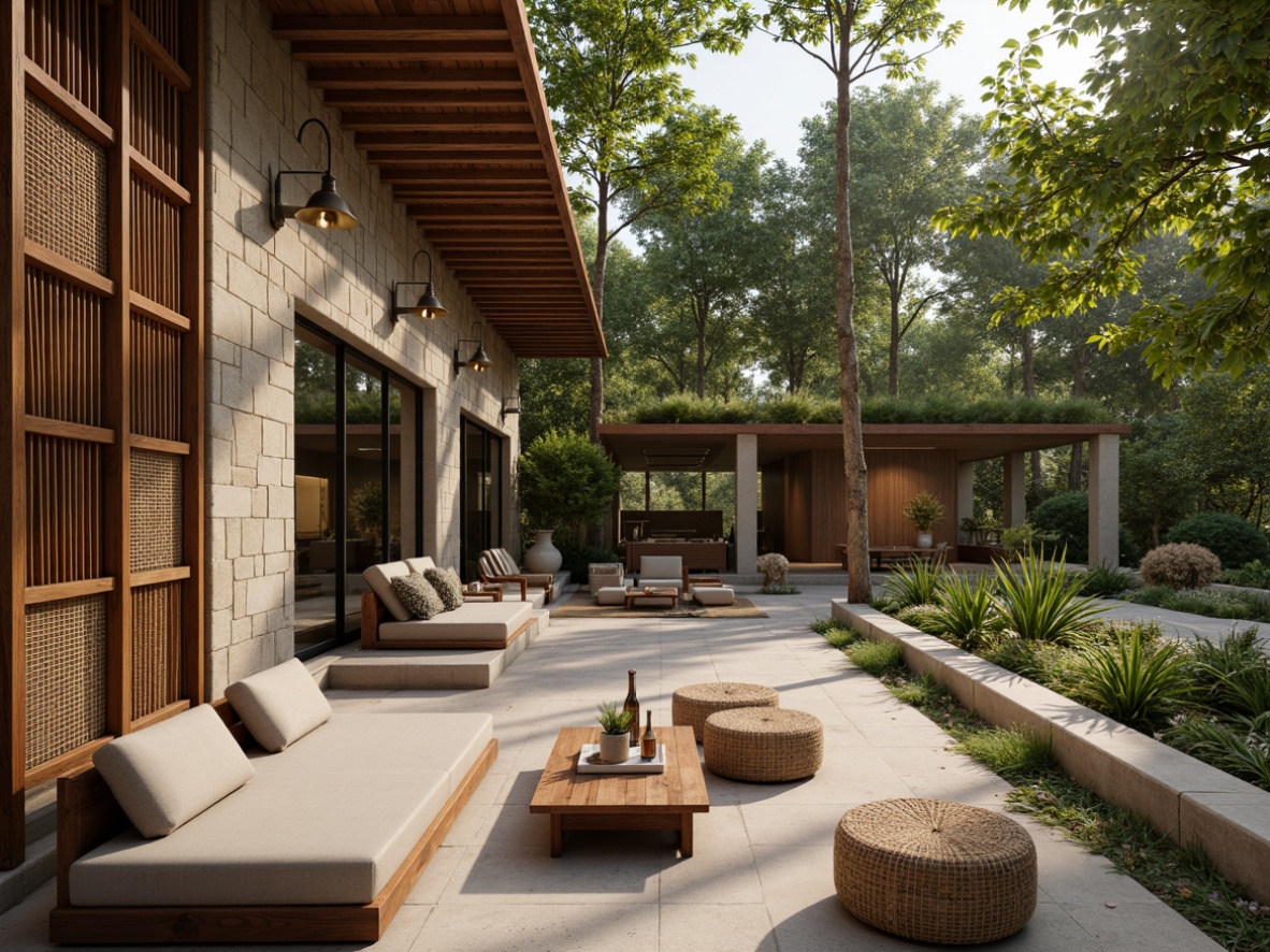 Prompt: Earthy tones, reclaimed wood accents, natural stone walls, woven bamboo furniture, living green roofs, rustic metal frames, earthy ceramic tiles, organic shapes, sustainable design, eco-friendly materials, minimal ornamentation, warm soft lighting, shallow depth of field, 1/1 composition, realistic textures, ambient occlusion.