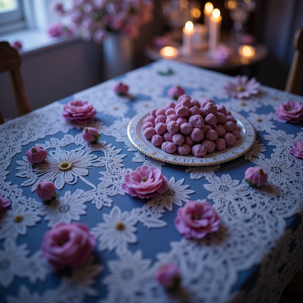 Prompt: \Dreamy blue violet hue, soft pastel shades, creamy whites, rich charcoal grays, luxurious velvety textures, ornate gold accents, whimsical floral patterns, delicate lace details, romantic candlelit ambiance, warm golden lighting, shallow depth of field, 1/2 composition, intimate close-up shots, realistic subtle shading, ambient occlusion.\