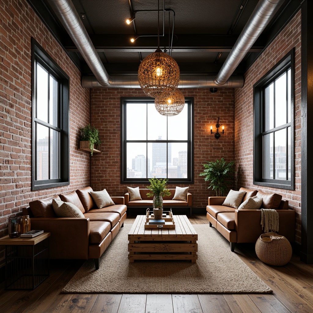 Prompt: Industrial chic loft interior, exposed brick walls, metal beams, reclaimed wood floors, minimalist decor, vintage factory windows, Edison bulb lighting, distressed leather sofas, wooden crate coffee tables, metal legged chairs, woven basket pendant lights, natural fiber rugs, urban cityscape views, soft warm lighting, shallow depth of field, 1/1 composition, realistic textures, ambient occlusion.