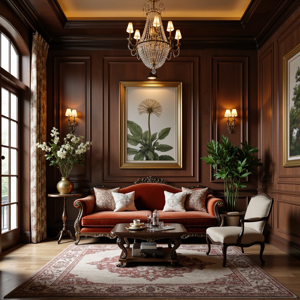 Prompt: Elegant living room, luxurious velvet sofa, ornate wooden coffee table, vintage rug, antique decorative accents, crystal chandelier, soft warm lighting, plush throw pillows, rich wood paneling, metallic gold frames, sophisticated wall art, patterned curtains, botanical prints, distressed finishes, refined textures, shallow depth of field, 1/1 composition, realistic reflections.