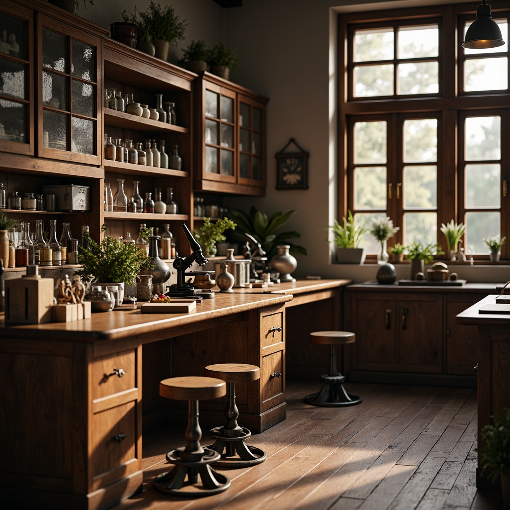 Prompt: Vintage laboratory furniture, wooden workbenches, metal stools, antique microscopes, classic beakers, wooden cabinets, leather-bound books, distressed wood finishes, brass hardware, ornate details, rich brown colors, warm soft lighting, shallow depth of field, 1/2 composition, realistic textures, ambient occlusion.