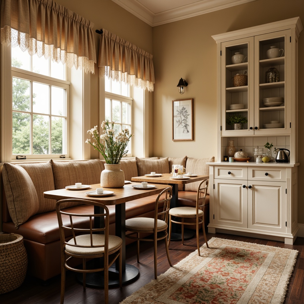 Prompt: Cozy breakfast nook, warm beige walls, soft natural light, plush area rug, comfortable cushioned banquettes, rustic wooden tables, vintage metal chairs, elegant ceramic vases, fresh flower arrangements, delicate lace curtains, creamy white cabinetry, polished chrome fixtures, warm earthy tones, inviting atmosphere, shallow depth of field, 1/1 composition, soft focus, realistic textures.