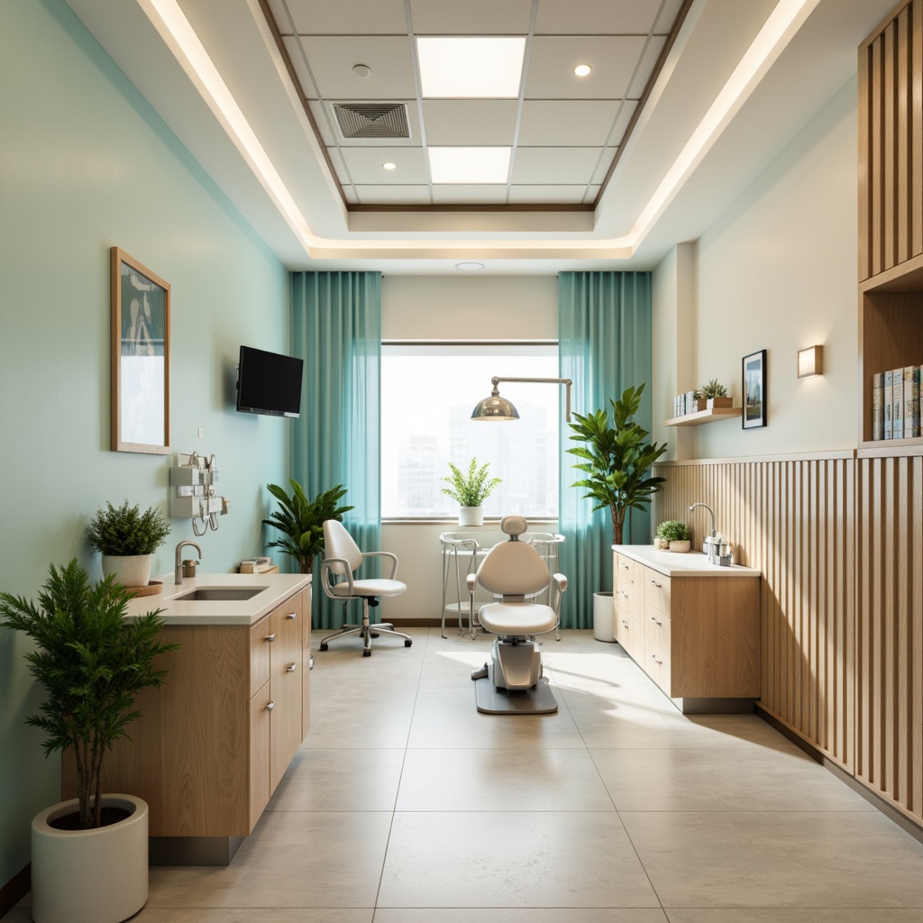 Prompt: Calming dental clinic atmosphere, soft blue accents, gentle cream tones, warm beige walls, soothing mint greenery, natural wood furnishings, subtle chrome hardware, professional LED lighting, modern minimalist decor, clean white surfaces, sterile stainless steel equipment, calming ambient sounds, shallow depth of field, 1/1 composition, realistic textures, subtle gradient effects.