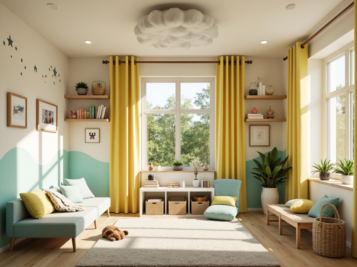 Prompt: Vibrant kids' room, playful furniture, soft pastel colors, gentle cream walls, bright turquoise accents, fun polka dots, whimsical wall decals, cozy reading nook, plush area rug, natural wood shelves, cheerful yellow curtains, fantastical cloud-shaped ceiling, warm sunny lighting, 1/1 composition, shallow depth of field, realistic textures.