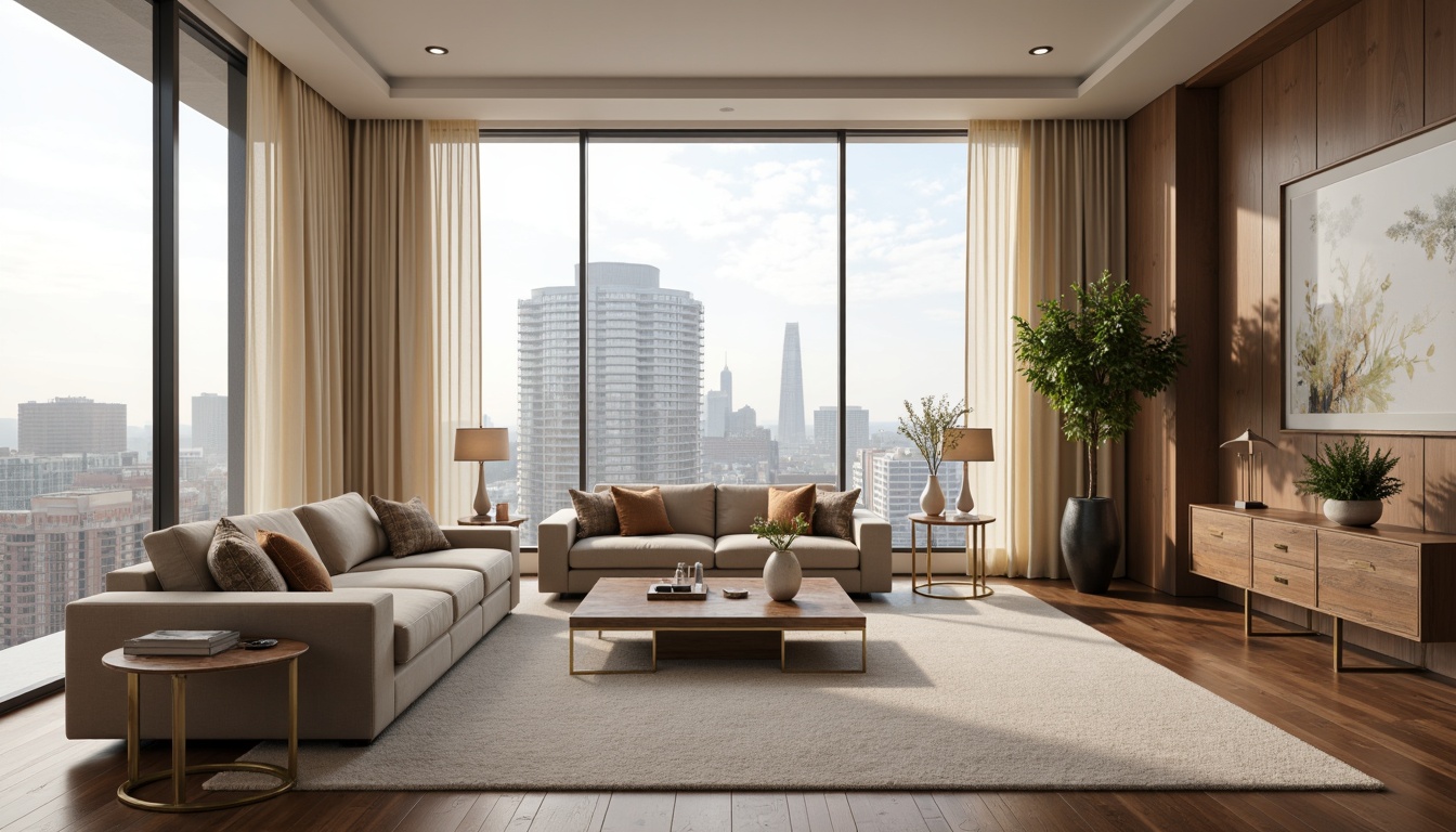 Prompt: Luxurious living room, sleek modern furniture, velvet sofas, marble coffee tables, metallic accents, floor-to-ceiling windows, cityscape views, dimmable lighting, soft cream curtains, abstract artwork, minimalist decor, rich wood flooring, plush area rugs, elegant vases, fresh flower arrangements, calm atmosphere, warm beige tones, 1/1 composition, shallow depth of field, softbox lighting.