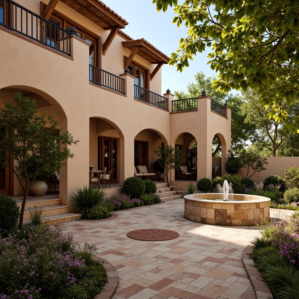 Prompt: Warm Mediterranean villa, curved arches, ornate stonework, rustic wooden doors, wrought iron balconies, colorful ceramic tiles, lush greenery, blooming flowers, tranquil fountain, soft warm lighting, shallow depth of field, 3/4 composition, realistic textures, ambient occlusion.