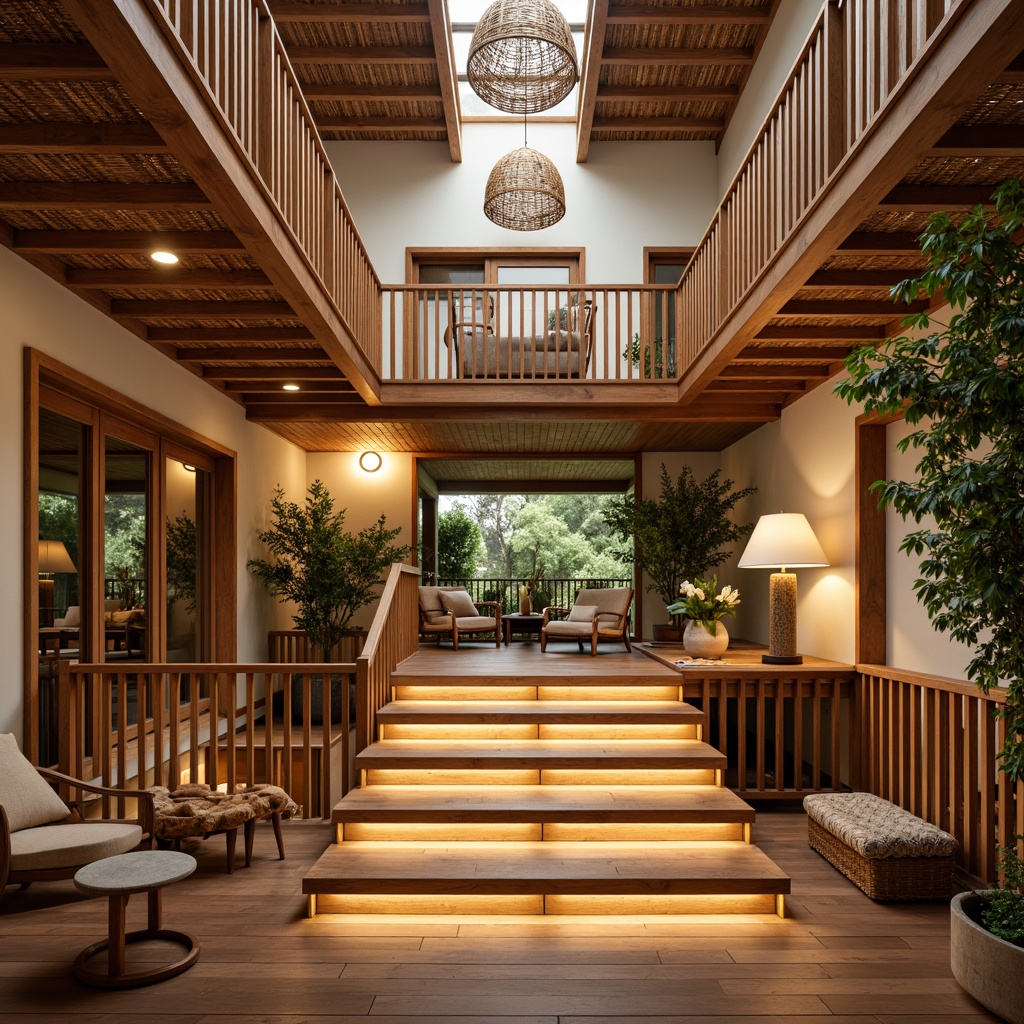 Prompt: Tropical staircase, warm wooden tones, natural fiber railings, woven rattan accents, bright airy atmosphere, soft warm lighting, pendant lamps with wicker shades, table lamps with linen textures, floor lamps with wooden bases, LED strip lights under steps, warm white light color temperature, high ceiling, clerestory windows, natural daylight, soft diffused shadows, 1/1 composition, shallow depth of field, realistic wood grain textures, ambient occlusion.