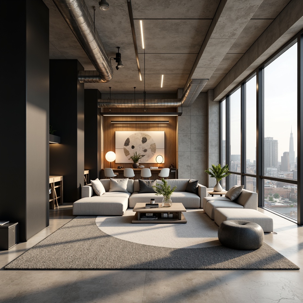 Prompt: Monochromatic modern apartment, sleek minimalism, matte black accents, warm beige walls, polished chrome fixtures, soft grey carpets, abstract geometric patterns, industrial-chic exposed ducts, floor-to-ceiling windows, urban cityscape views, natural daylight, warm ambient lighting, shallow depth of field, 1/2 composition, realistic textures, subtle grain effect.