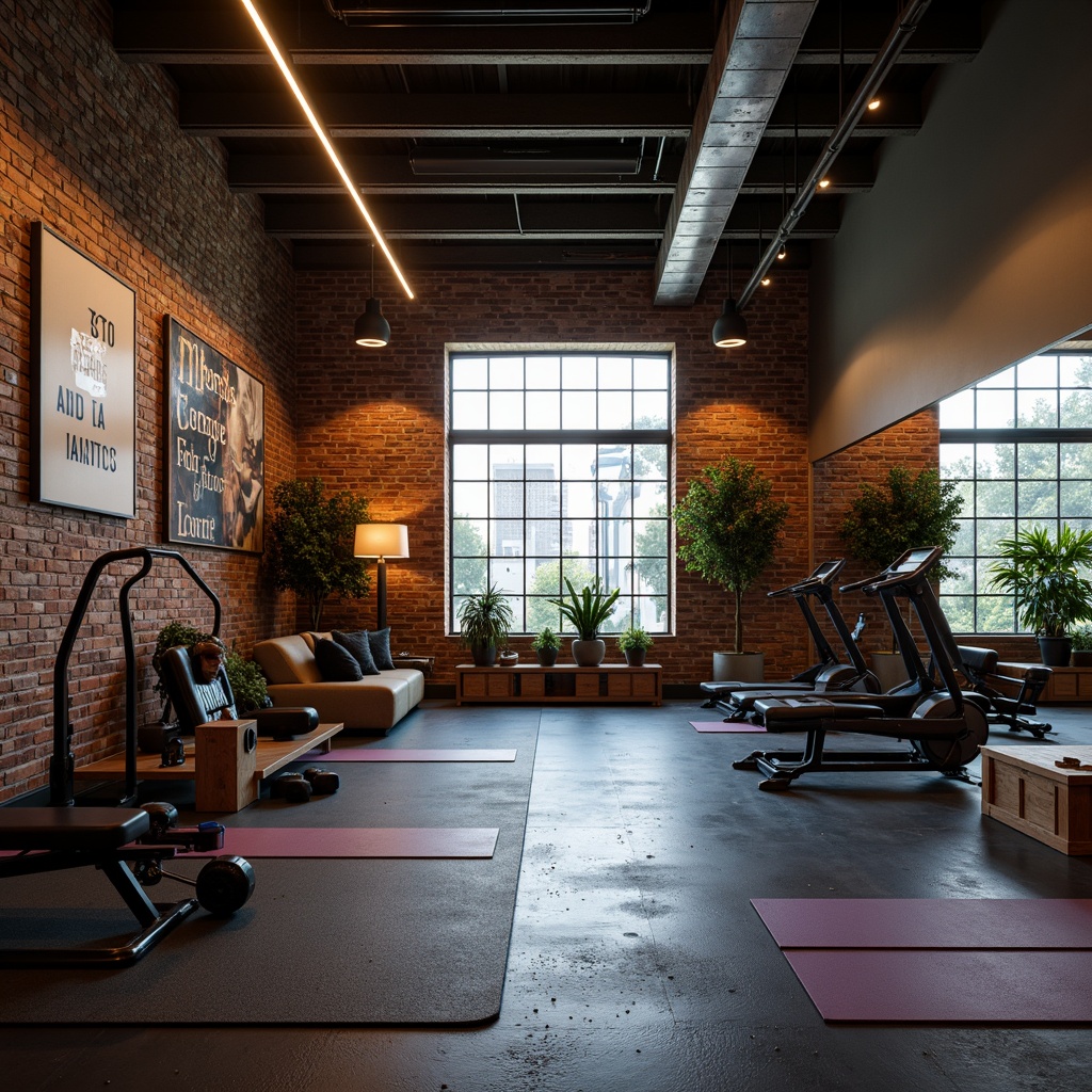 Prompt: Cozy home gym, motivational quotes, rubber flooring, mirrored walls, modern exercise equipment, free weights, resistance bands, yoga mats, calming color scheme, soft warm lighting, LED strip lights, floor lamps, natural daylight, large windows, urban loft architecture, industrial chic design, exposed brick walls, metal beams, reclaimed wood accents, rustic metal fixtures, energizing color palette, dynamic shadows, high-contrast ratio, 1/2 composition, cinematic lighting, realistic textures.