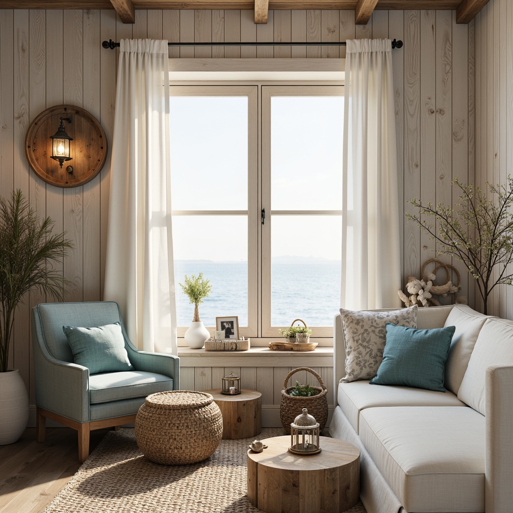 Prompt: Coastal cottage, driftwood accents, natural fibers, woven sea grass, ocean-inspired hues, calming blues, sandy neutrals, distressed wood textures, vintage nautical ropes, shell embellishments, beachy keystone patterns, relaxed linen fabrics, billowy curtains, soft warm lighting, shallow depth of field, 1/1 composition, intimate close-up shots, realistic fabric simulations.