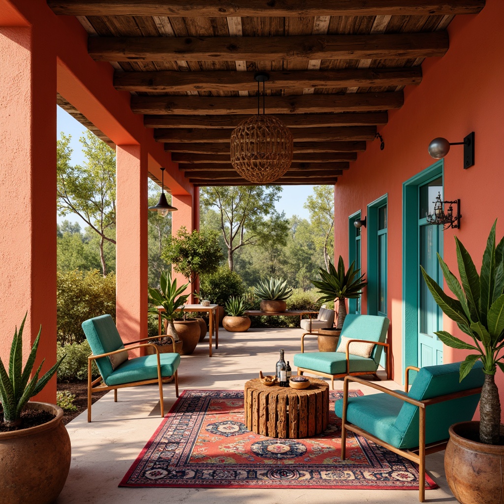 Prompt: Vibrant turquoise accents, bold red and orange hues, natural adobe walls, rustic wooden beams, ornate metalwork, colorful woven textiles, geometric patterned rugs, distressed leather furniture, eclectic vintage decor, lush greenery, cacti plants, warm sunny day, soft warm lighting, shallow depth of field, 3/4 composition, panoramic view, realistic textures, ambient occlusion.