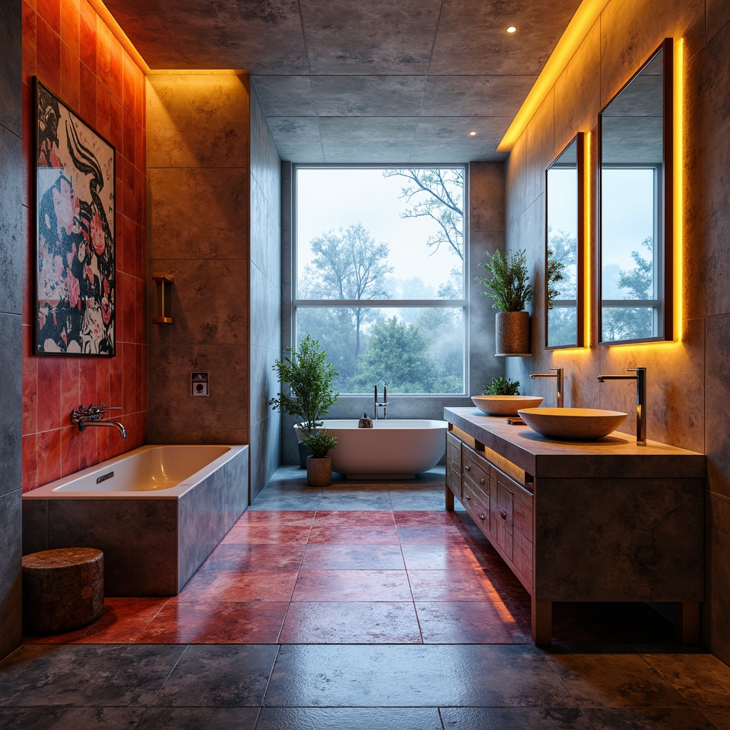 Prompt: Vibrant bathroom, bold color schemes, irregular shapes, eclectic mix of materials, glossy ceramic tiles, matte concrete walls, metallic fixtures, LED lighting, natural stone countertops, reclaimed wood accents, abstract geometric patterns, ornate mirrors, statement furniture pieces, textured glass, water-inspired artwork, futuristic faucets, atmospheric foggy effects, 1/1 composition, dramatic shadows, high-contrast colors.