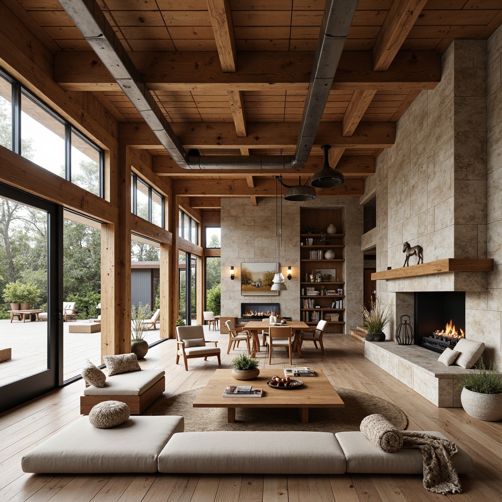 Prompt: Rustic farmhouse, open floor plan, wooden beams, exposed ductwork, large windows, sliding glass doors, natural stone walls, reclaimed wood floors, modern minimal decor, industrial metal lighting, cozy reading nooks, built-in shelving units, earthy color palette, warm soft lighting, shallow depth of field, 1/1 composition, panoramic view, realistic textures, ambient occlusion.