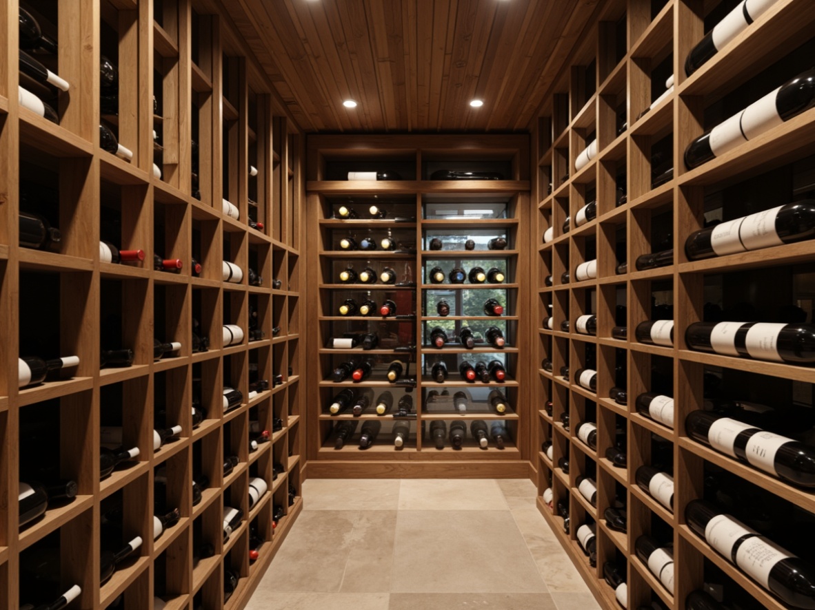 Prompt: Climate-controlled wine cellar, precision temperature control, humidity management, advanced refrigeration systems, insulated storage, wooden wine racks, dimmable LED lighting, glass-enclosed displays, premium wood finishes, modern minimalist design, subtle ambient lighting, shallow depth of field, 1/2 composition, realistic textures, soft warm color tones.