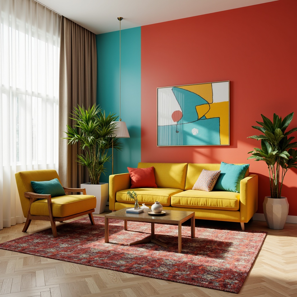 Prompt: Vibrant living room, bold color scheme, bright coral walls, turquoise accents, yellow velvet sofa, patterned rug, geometric shapes, modern minimalist decor, sleek metal coffee table, glass vase, exotic plants, natural light pouring in, sheer white curtains, warm beige flooring, 1/1 composition, soft box lighting, realistic textures.