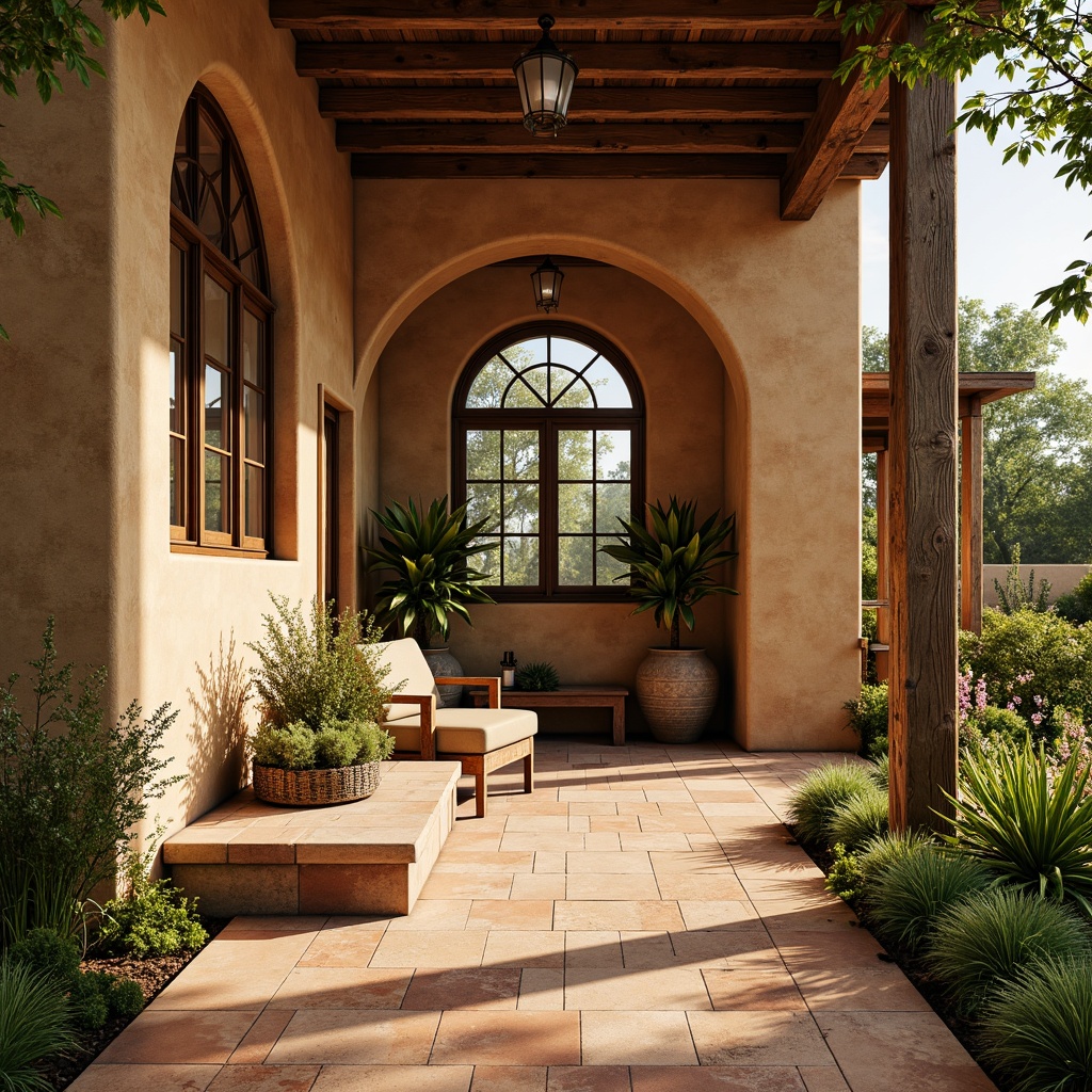 Prompt: Warm earthy tones, rustic stone walls, arched windows, wooden beams, ornate ironwork, lush greenery, vibrant flowers, tropical plants, soft warm lighting, natural textures, terra cotta floors, distressed wood accents, Mediterranean-inspired color palette, sunny day, shallow depth of field, 3/4 composition, realistic render, ambient occlusion.