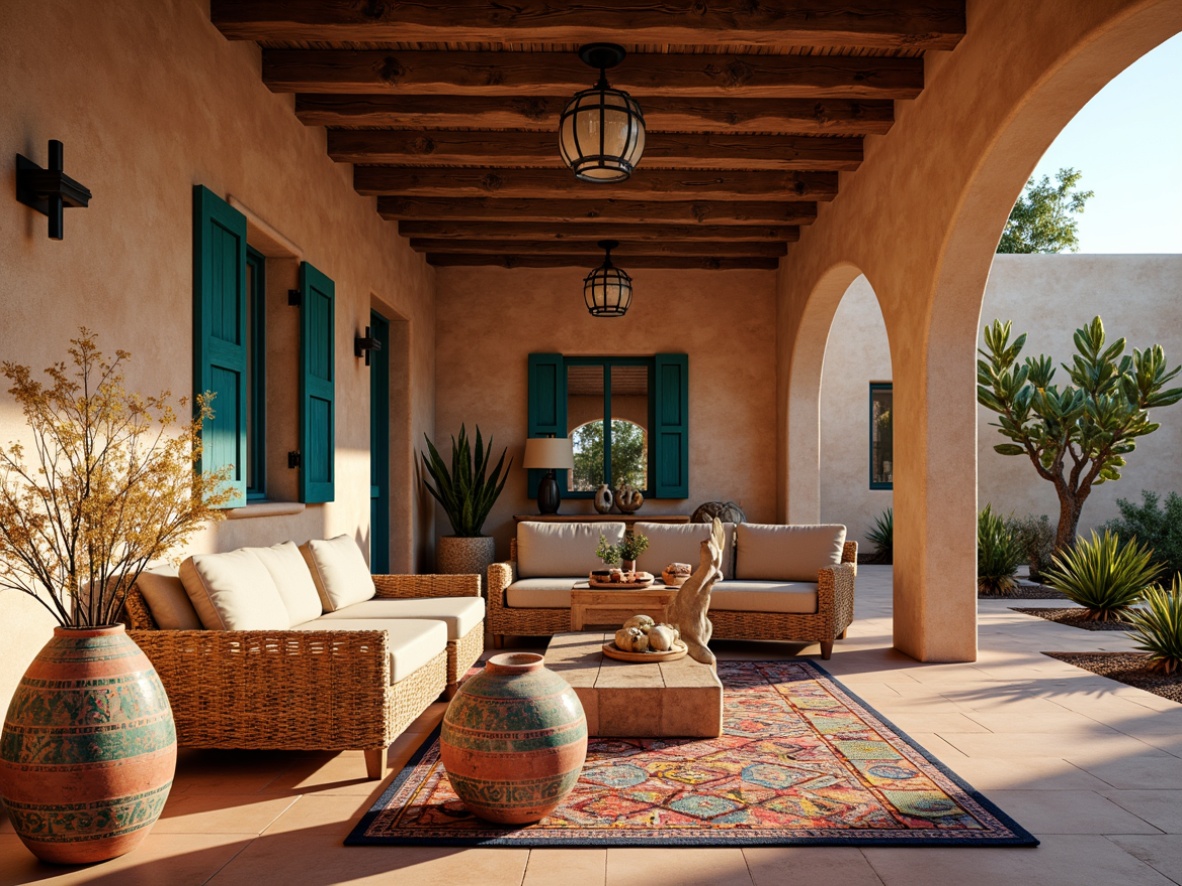 Prompt: Vibrant turquoise accents, traditional Native American patterns, earthy terracotta tones, rustic wooden beams, woven wicker furniture, colorful pottery vases, geometric tile work, desert flora, cacti, succulents, adobe-inspired architecture, curved lines, warm sandy textures, natural stone walls, Spanish-style courtyard, ornate metalwork, Southwestern cultural symbols, vibrant textiles, bold colorful rugs, eclectic decorative accessories, warm golden lighting, shallow depth of field, 1/2 composition, realistic renderings.