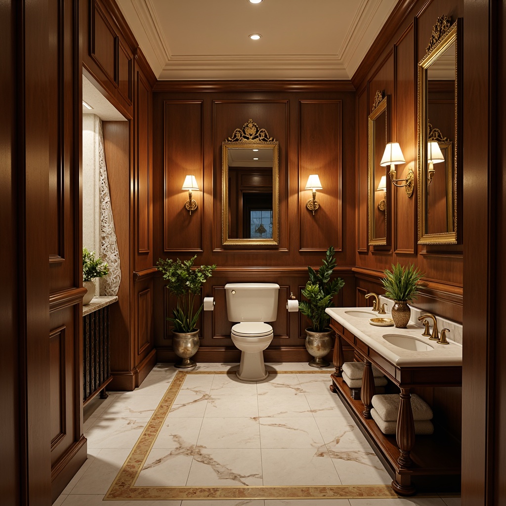 Prompt: Elegant powder room, luxurious ambiance, soft warm lighting, marble flooring, subtle veining, high-gloss finish, classic ornate mirrors, antique furniture pieces, rich wood tones, velvet drapes, delicate lace details, ornate metal fixtures, subtle aroma scents, intimate scale, 1/1 composition, shallow depth of field.