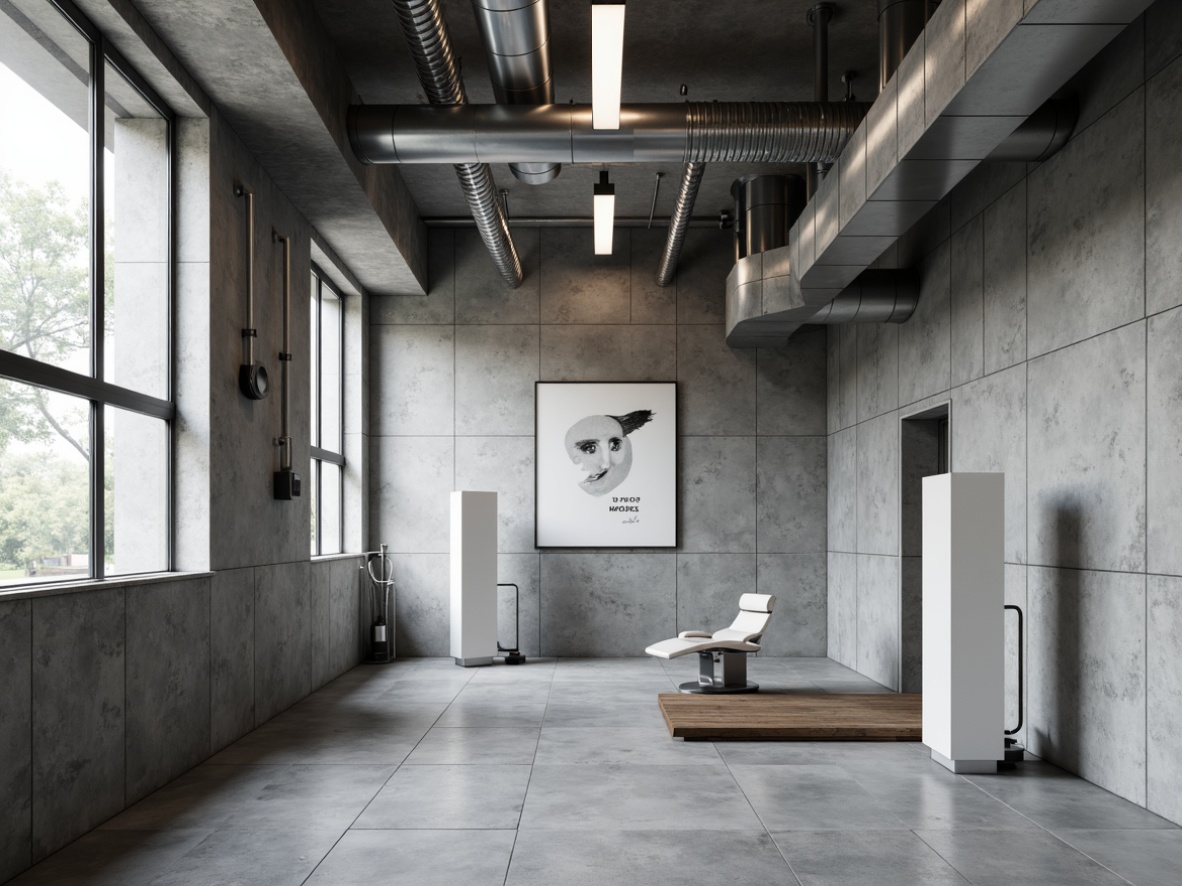 Prompt: Raw concrete walls, industrial pipes, minimalist lighting fixtures, sterile medical equipment, functional furniture, monochromatic color scheme, bold typography, brutalist architecture, exposed ductwork, polished steel surfaces, geometric shapes, abstract artwork, natural stone flooring, high ceilings, abundant natural light, 1/1 composition, sharp shadows, dramatic contrast, realistic textures.