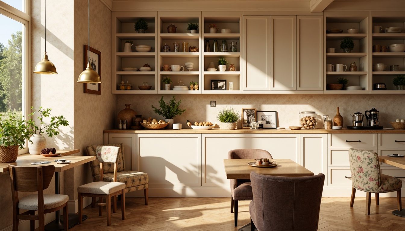 Prompt: Cozy breakfast nook, warm beige walls, soft cream-colored cabinets, rustic wooden tables, plush velvet armchairs, golden metal accents, delicate floral patterns, vintage-inspired ceramics, natural woven baskets, sunny morning light, gentle shadows, shallow depth of field, 1/1 composition, intimate atmosphere, realistic textures, ambient occlusion.