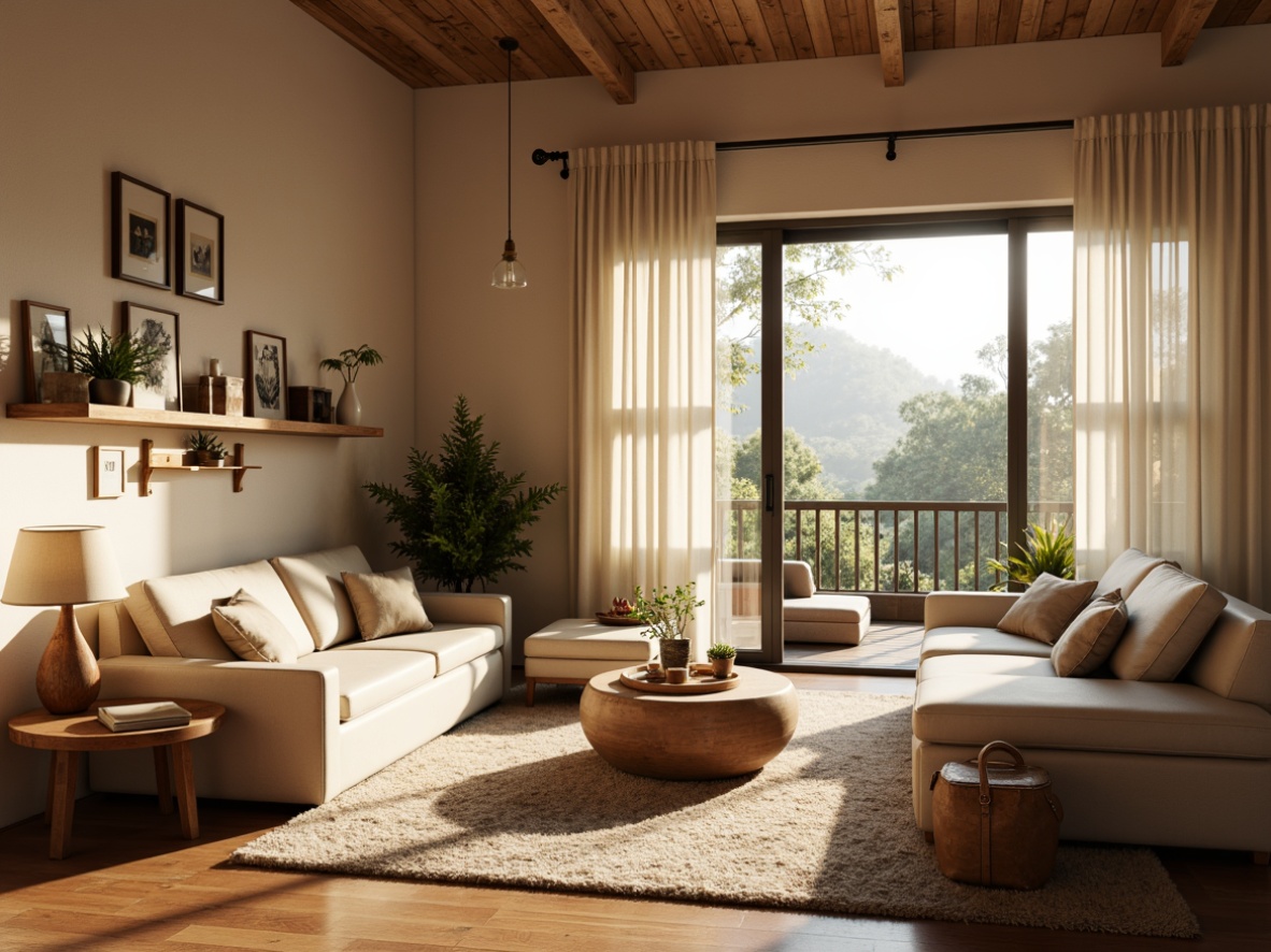 Prompt: Cozy living room, warm beige walls, soft cream-colored furniture, plush area rugs, floor-to-ceiling windows, natural light pouring in, ambient warm glow, table lamps, pendant lighting, indirect illumination, subtle shadows, inviting atmosphere, comfortable seating areas, rustic wooden accents, earthy color palette, morning sunlight, gentle highlights, 1/2 composition, shallow depth of field, realistic textures, atmospheric rendering.