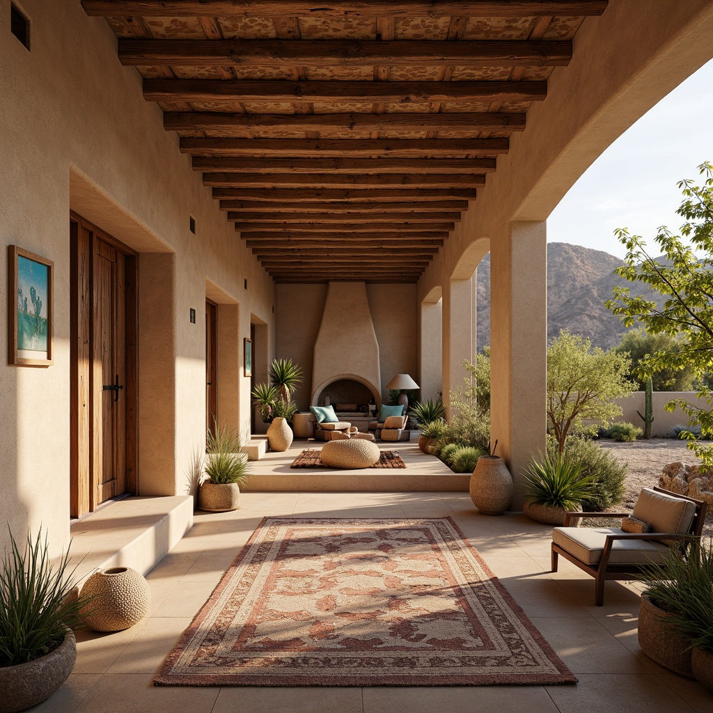 Prompt: Adobe earth tones, distressed wood textures, vintage turquoise accents, southwestern patterned rugs, rustic metal decor, natural stone walls, pueblo-inspired architecture, curved lines, earthy ceramics, woven baskets, desert flora, cactus silhouettes, warm golden lighting, shallow depth of field, 1/2 composition, soft focus effect, realistic normal maps, ambient occlusion.