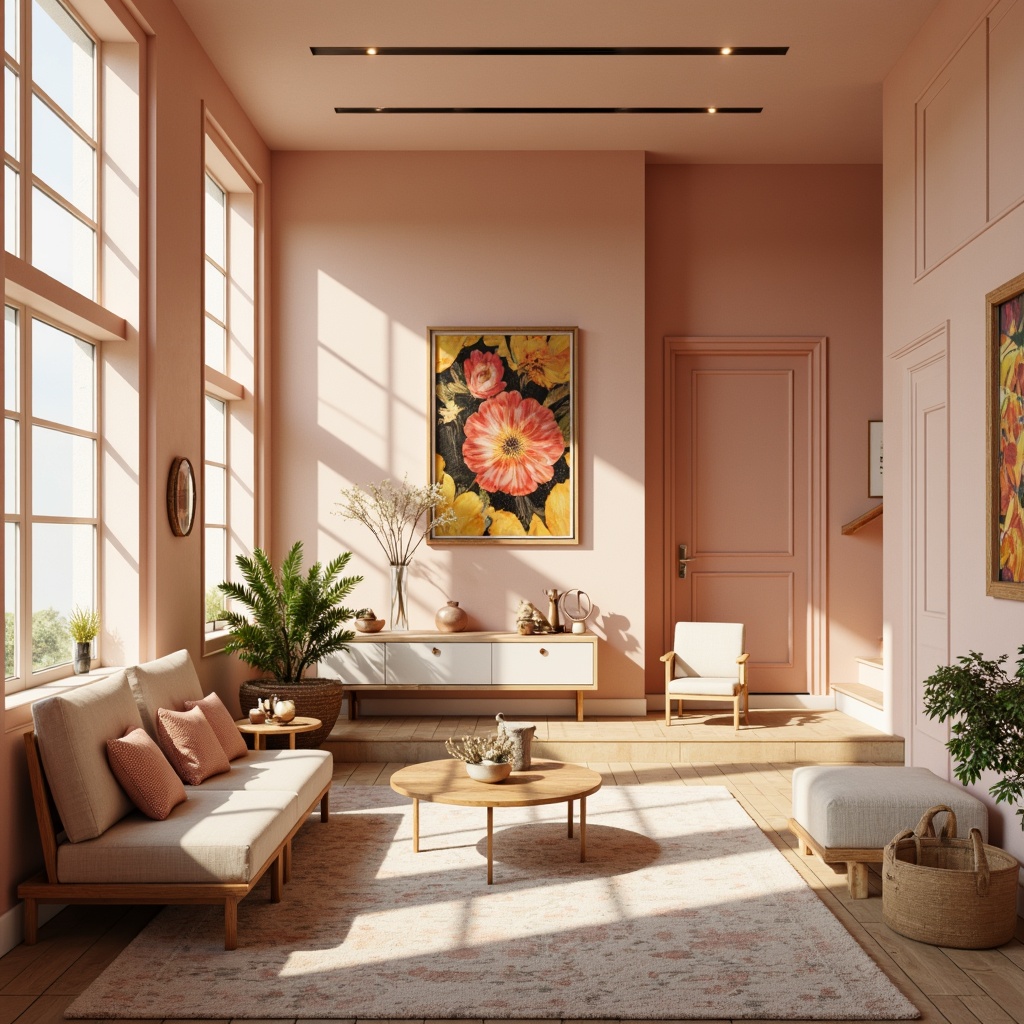 Prompt: Vibrant modern interior, trendy color scheme, pastel hues, soft peach tones, creamy whites, rich wood accents, metallic gold details, natural textiles, plush furnishings, cozy ambiance, warm golden lighting, shallow depth of field, 1/1 composition, realistic reflections, ambient occlusion.