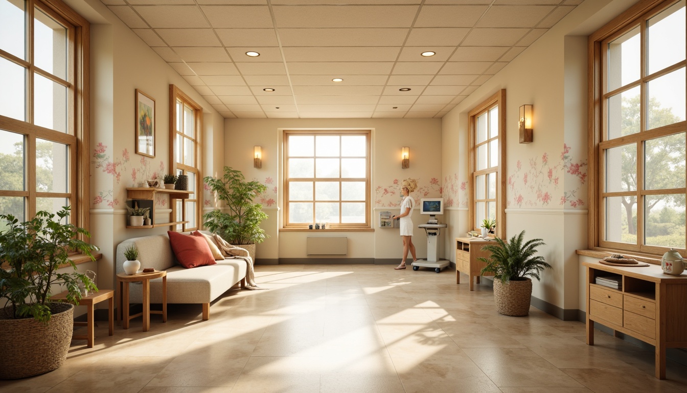 Prompt: Soft hospital ambiance, calming beige walls, distressed wood accents, vintage medical equipment, floral patterns, pastel hues, creamy whites, warm golden lighting, natural textiles, plush furnishings, cozy reading nooks, comfortable seating areas, soothing color scheme, gentle contrast, subtle texture variation, 1/2 composition, intimate atmosphere, warm color temperature, soft focus blur.