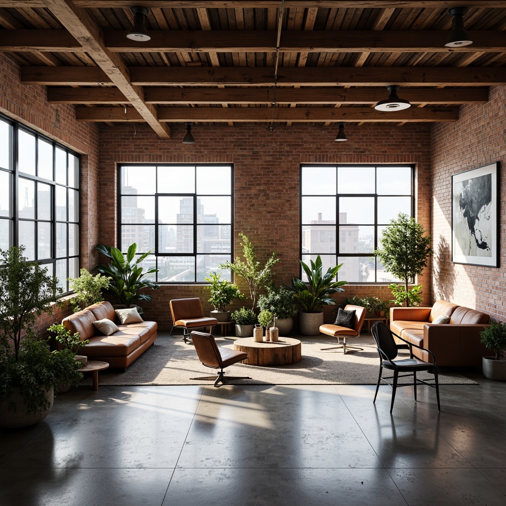 Prompt: Exposed brick walls, reclaimed wood accents, industrial metal beams, high ceilings, open floor plan, minimalist decor, eclectic furniture mix, vintage lighting fixtures, polished concrete floors, urban cityscape views, natural light pouring in, airy atmosphere, functional workspaces, cozy reading nooks, lush greenery, potted plants, abstract artwork, distressed finishes, worn leather sofas, metal cafe chairs, reclaimed wood coffee tables, warm neutral color palette, soft warm lighting, shallow depth of field, 1/1 composition, realistic textures, ambient occlusion.