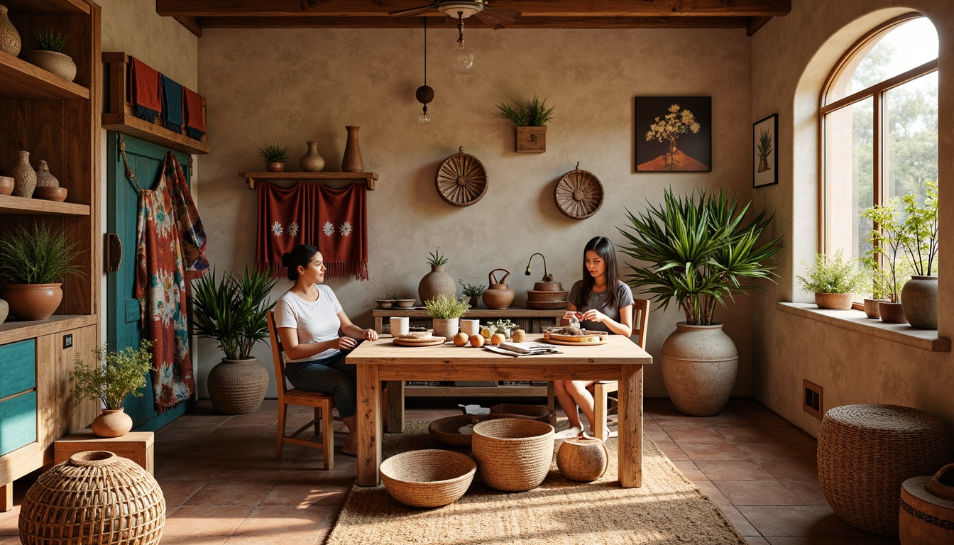 Prompt: \Earthy craft room, rustic wooden tables, woven baskets, natural fiber rugs, terracotta pots, Southwestern patterned textiles, vibrant turquoise accents, warm beige walls, distressed wood shelves, earthy ceramic vases, desert-inspired botanical prints, soft warm lighting, shallow depth of field, 3/4 composition, realistic textures, ambient occlusion.\