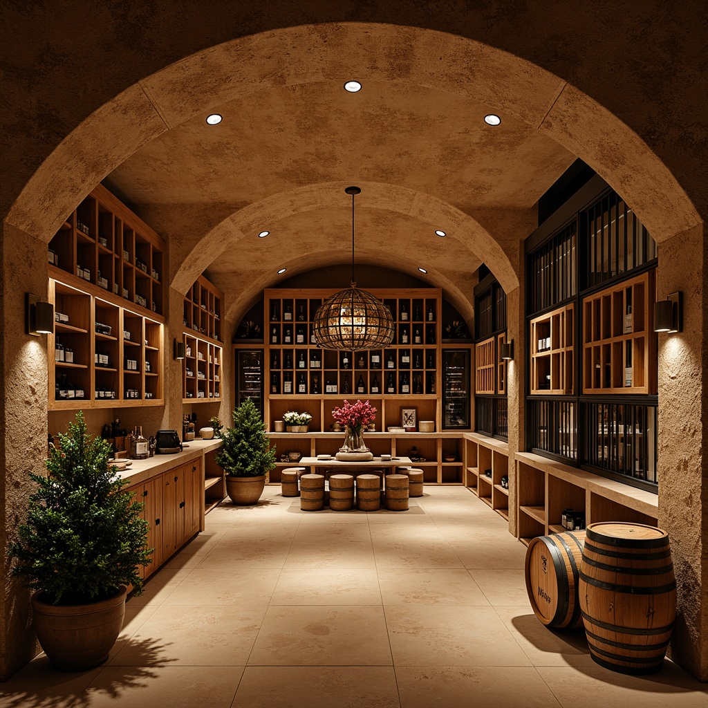 Prompt: Rustic Mediterranean wine cellar, earthy stone walls, wooden barrel accents, dim warm lighting, curved archways, ornate metalwork, rich wood tones, elegant shelving systems, sleek glass doors, climate-controlled environments, humidity regulation, temperature control, premium wood finishes, wrought iron details, ambient soft lighting, shallow depth of field, 3/4 composition, panoramic view, realistic textures, subtle reflections.