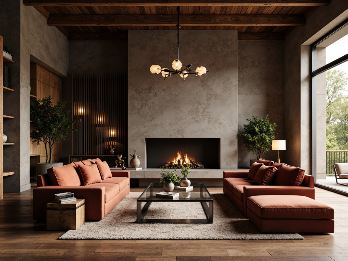 Prompt: Luxurious living room, rich wood accents, velvety soft sofas, metallic coffee tables, glass chandeliers, natural stone fireplaces, plush area rugs, industrial metal beams, reclaimed wooden walls, minimalist decor, warm ambient lighting, soft shadows, 1/1 composition, intimate atmosphere, tactile textures, contrasting materials, organic forms, geometric patterns.