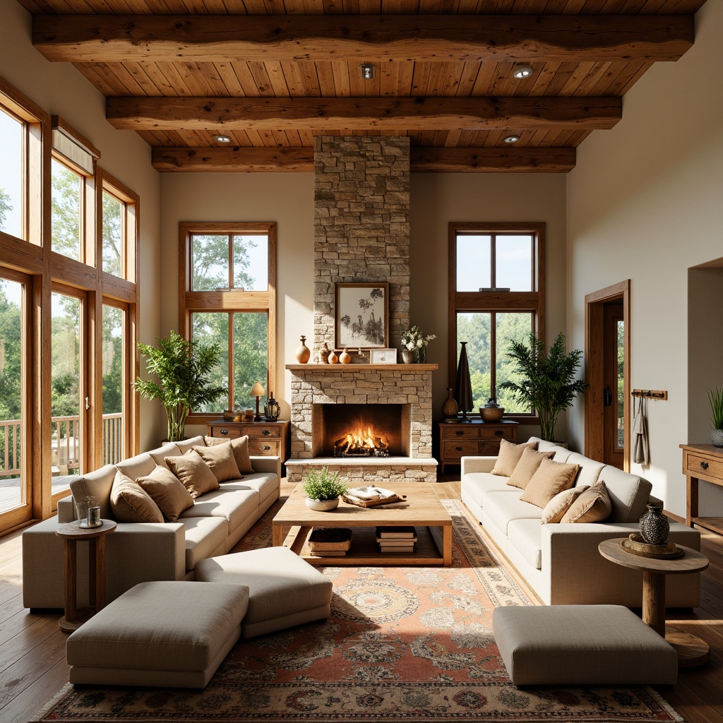 Prompt: Cozy great room, warm earthy tones, rich wood accents, plush furniture, soft cream colors, natural stone fireplace, floor-to-ceiling windows, abundant natural light, warm beige walls, comfortable seating areas, rustic wooden beams, vintage decorative items, soft warm lighting, shallow depth of field, 3/4 composition, panoramic view, realistic textures, ambient occlusion.