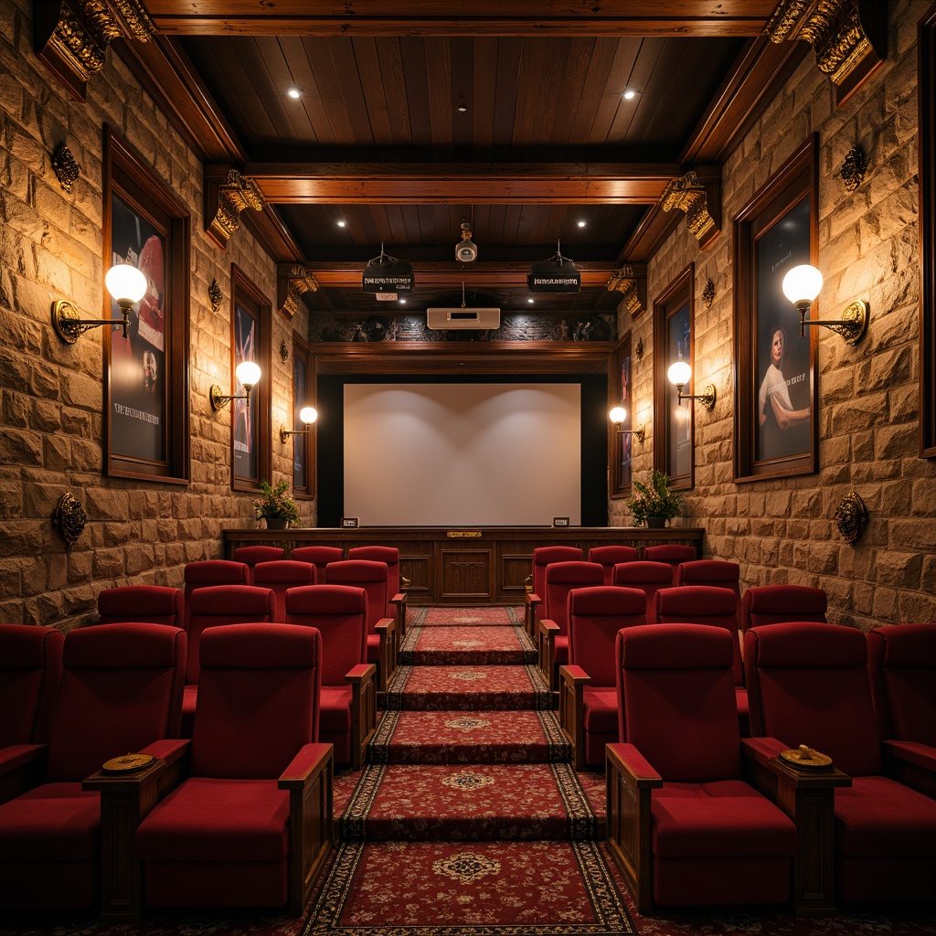 Prompt: Luxurious cinema interior, rich wood accents, craftsman-style detailing, plush velvet seats, ornate gold lighting fixtures, intricate moldings, warm earthy tones, rustic stone walls, distressed wooden beams, industrial metal trusses, vintage film cameras, classic movie posters, softbox lights, cinematic color palette, dramatic spotlights, shallow depth of field, 1/2 composition, cinematic camera angles, realistic textures, ambient occlusion.