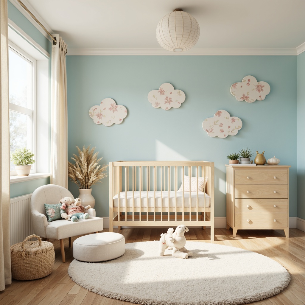 Prompt: Soft pastel hues, gentle nursery atmosphere, cream-colored furniture, pale blue walls, warm beige accents, plush toys, natural wood cribs, delicate floral patterns, whimsical cloud designs, softbox lighting, shallow depth of field, 1/2 composition, calming color scheme, soothing ambiance.