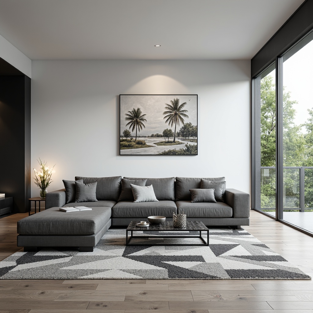 Prompt: Modern living room, minimalist decor, sleek low-profile sofa, monochromatic color scheme, geometric-patterned rug, industrial metal coffee table, floor-to-ceiling windows, natural daylight, subtle ambient lighting, 1/1 composition, shallow depth of field, realistic textures, ambient occlusion.