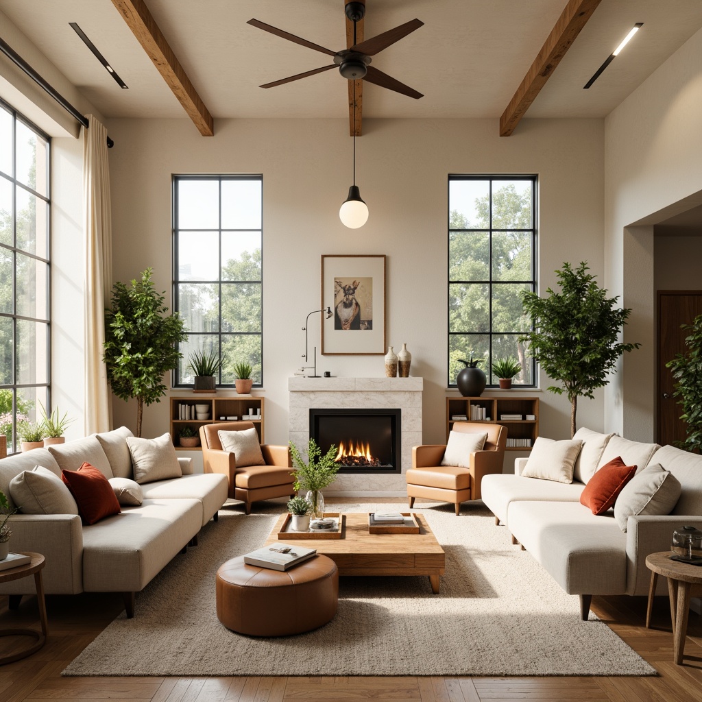 Prompt: Cozy living room, plush sofas, oversized armchairs, wooden coffee tables, soft velvet pillows, warm beige walls, modern minimalist decor, floor-to-ceiling windows, natural light, airy atmosphere, comfortable seating areas, lush green plants, vintage rugs, industrial metal lamps, soft pastel colors, 1/1 composition, realistic textures, ambient occlusion.