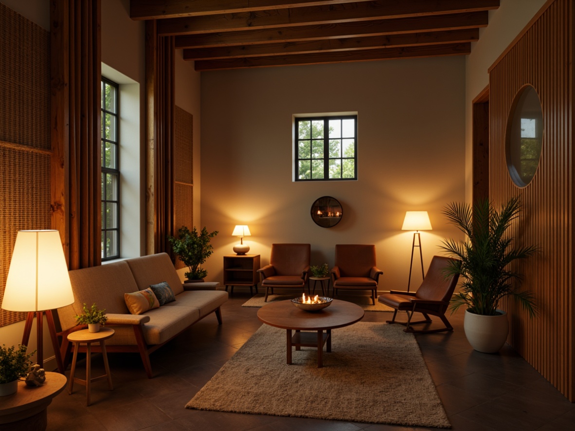 Prompt: Mid-century modern interior, warm ambient lighting, table lamps, floor lamps, pendant lights, natural materials, wooden accents, earthy tones, minimalist decor, retro-inspired furniture, geometric patterns, organic shapes, cozy atmosphere, soft diffused light, 1/1 composition, shallow depth of field, realistic textures, subtle shadows.