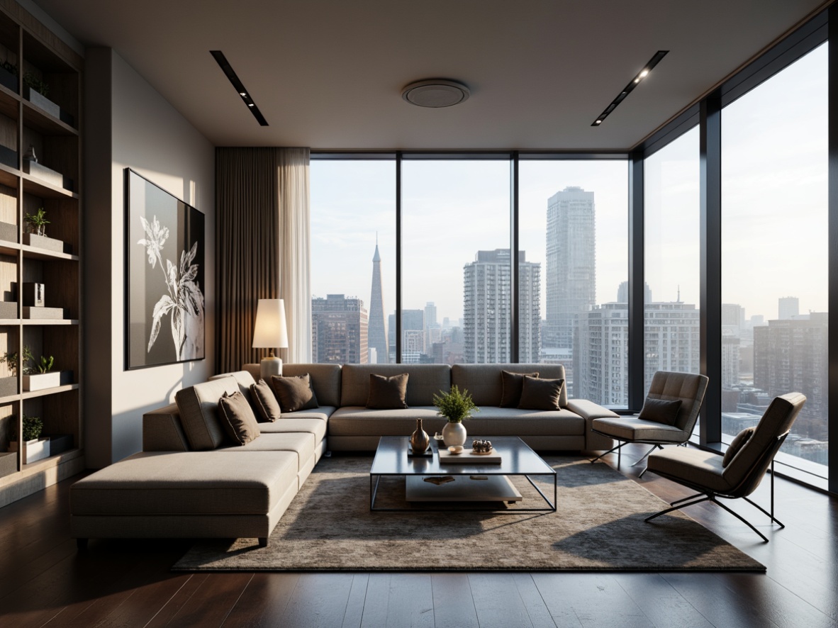 Prompt: Elegant living room, modern style furniture, sleek lines, monochromatic color scheme, luxurious fabrics, velvety sofas, minimalist coffee tables, metallic accents, floor-to-ceiling windows, natural light pouring in, urban cityscape views, neutral tone walls, statement lighting fixtures, ambient glow, soft shadows, 1/1 composition, shallow depth of field, realistic textures, subtle reflections.