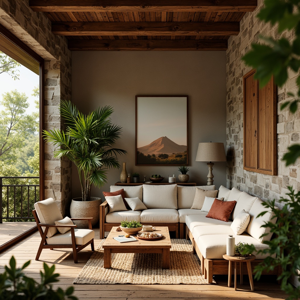 Prompt: Earthy living room, reclaimed wooden furniture, natural stone walls, woven jute rugs, potted green plants, bamboo accents, organic cotton upholstery, earthy color palette, warm cozy lighting, shallow depth of field, 1/1 composition, realistic textures, ambient occlusion.