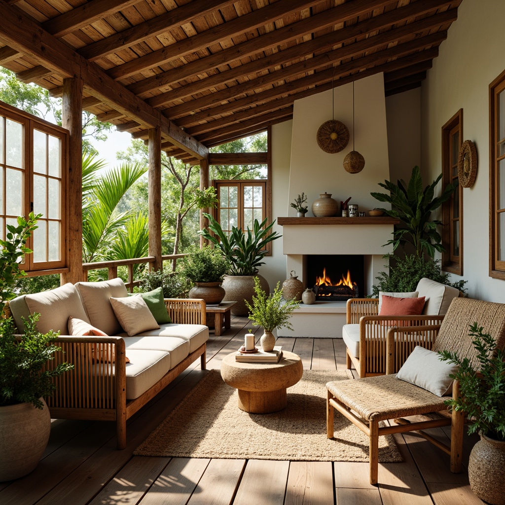 Prompt: Cozy living room, reclaimed wood flooring, natural stone walls, woven bamboo furniture, organic cotton upholstery, earthy color palette, lush greenery, potted plants, wooden accents, rattan decorations, warm ambient lighting, soft shadows, 1/1 composition, realistic textures, subtle depth of field, calming atmosphere, serene ambiance.