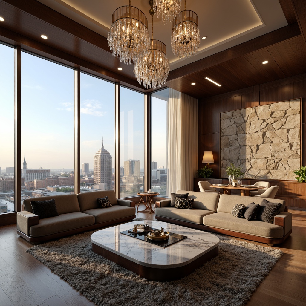 Prompt: Luxurious living room, modern sleek lines, elegant curves, rich wood tones, velvet sofas, marble coffee tables, crystal chandeliers, floor-to-ceiling windows, panoramic city views, soft warm lighting, 3/4 composition, shallow depth of field, realistic textures, ambient occlusion, plush area rugs, metallic accents, minimalist decor, natural stone walls, geometric patterned throw pillows, sophisticated color palette, calm atmosphere.