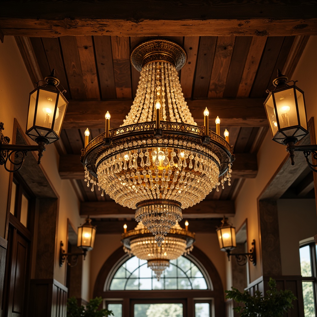 Prompt: Elegant chandeliers, ornate metalwork, warm golden lighting, crystal droplets, lavish pendant lights, rustic wooden beams, traditional interior design, vintage-inspired fixtures, distressed finishes, earthy tones, soft ambient glow, subtle shading, 1/1 composition, realistic reflections, luxurious textures.